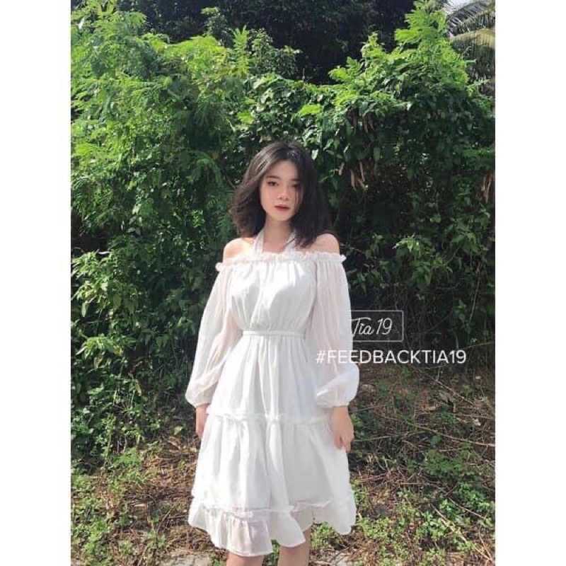 Váy voan trễ vai thắt nơ xinh yêu, điệu đà, tôn dáng