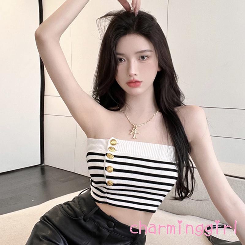 QAQ-Women Bandeau Tops Striped Slim Fit Sleeveless Crop Tops Streetwear Party Club Wear