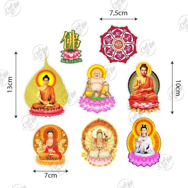 Bộ 8 hình dán Phật Quan Âm, dán xe nhà cửa, cầu bình an MS07