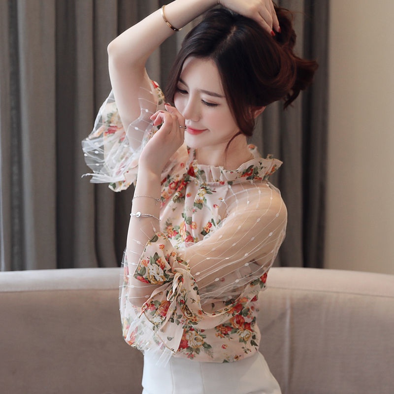 Áo Voan Hoa Trễ Vai Tay Phồng Phối Ren Thời Trang Cho Nữ