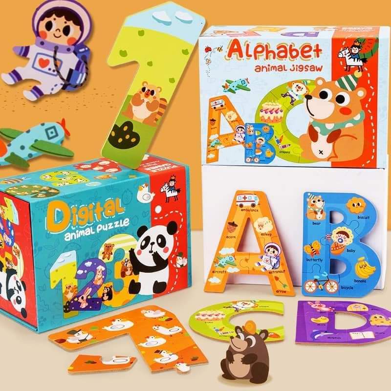 Xếp hình cho bé bộ ghép hình puzzle chữ cái chữ số in hình con vật cao cấp giúp bé chơi và nhớ chữ cái chữ số