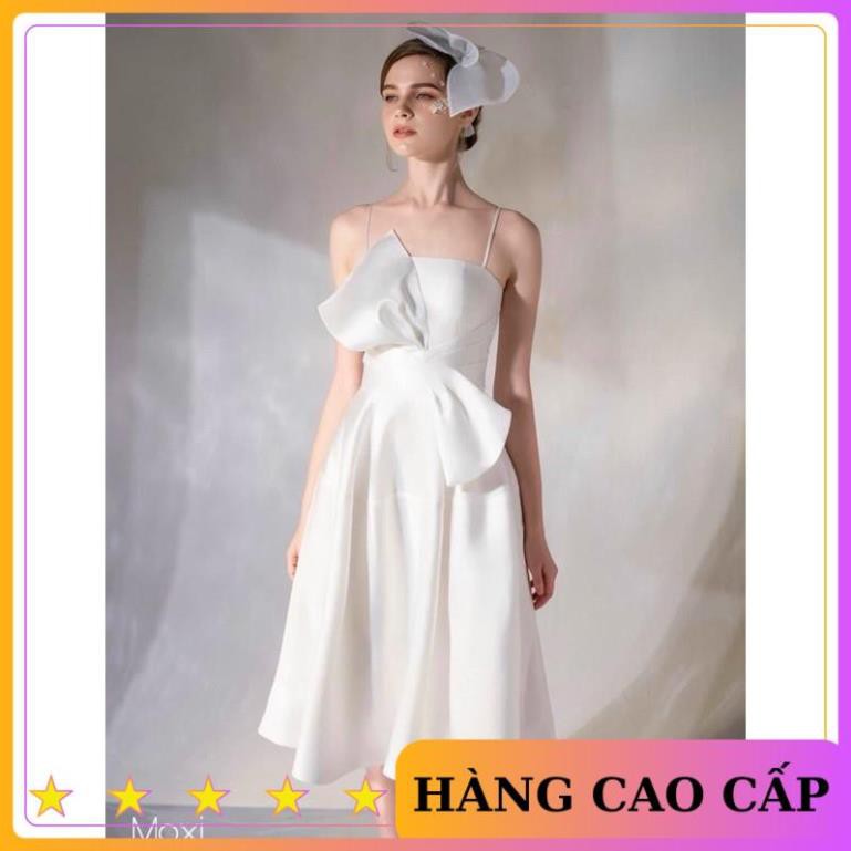 [HÀNG CAO CẤP] Đầm trắng hai dây xoè phi lụa sang trọng dự tiệc dạ hội - MN46