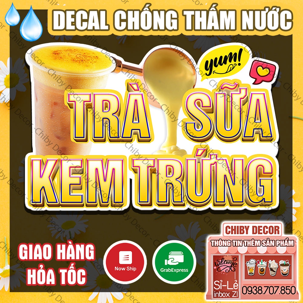 Tranh Dán Tường Trà Sữa Kem Trứng 🌈 Decal Dán Tường Trang Trí Quán Trà Sữa, Cà Phê - Sticker Chống Thấm Nước, Cắt Sẵn