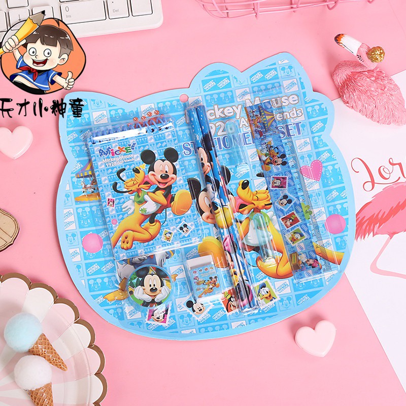 🌸Bộ Bút chì, thước kẻ, gọt bút, tẩy chì,sổ ghi chú xinh xắn hình dáng người nhện doremon mickey elsa cho bé