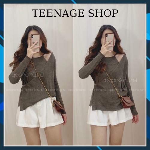 Áo len tăm tay dài hở vai yếm liền vạt chéo cài khuy ulzzang kiểu Hàn Quốc | BigBuy360 - bigbuy360.vn