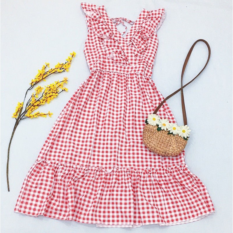 Đầm váy maxi caro đỏ phối bèo (kèm hình thật) | BigBuy360 - bigbuy360.vn