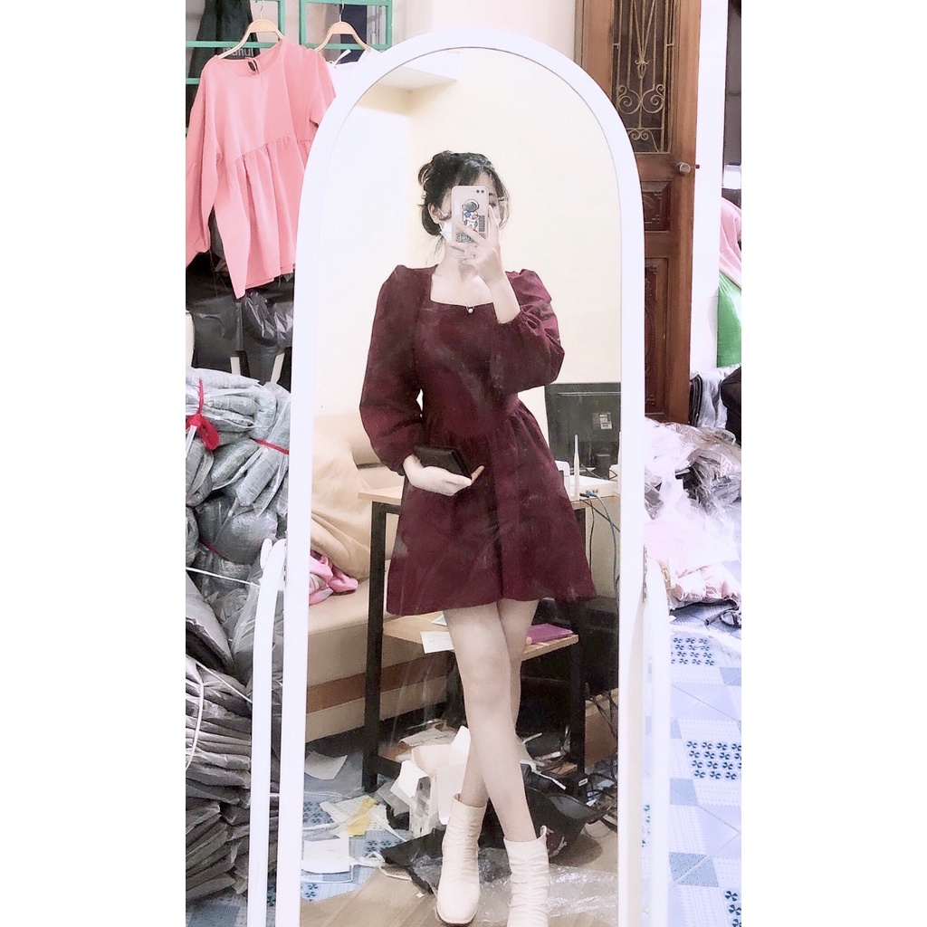 Váy Xòe Cổ Vuông Vân Gỗ PEONYB Nữ [FREESHIP]  Đầm mini bánh bèo tay bồng, kiểu dáng tiểu thư triết eo cá tính Ulzzang