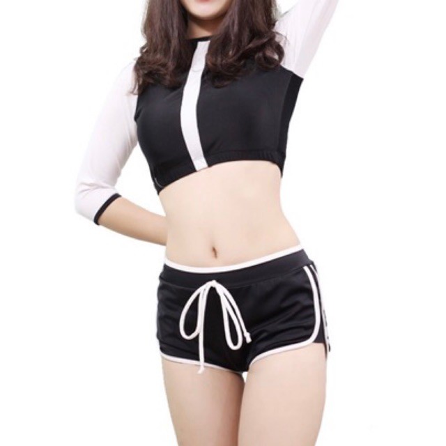 Đồ Bơi Nữ Đi Biển 2 Mảnh Quần Đen Phối Áo Tay Lở Trắng