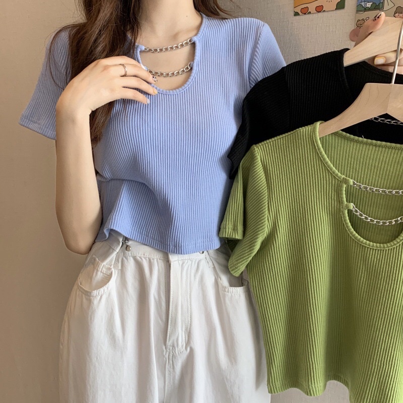 🍃Áo Thun Croptop Nữ Ngắn Tay Phối Xích Phong cách năng động cá tính, áo thun nữ, áo croptop- Mã: 313🍃 TvV-Fashion