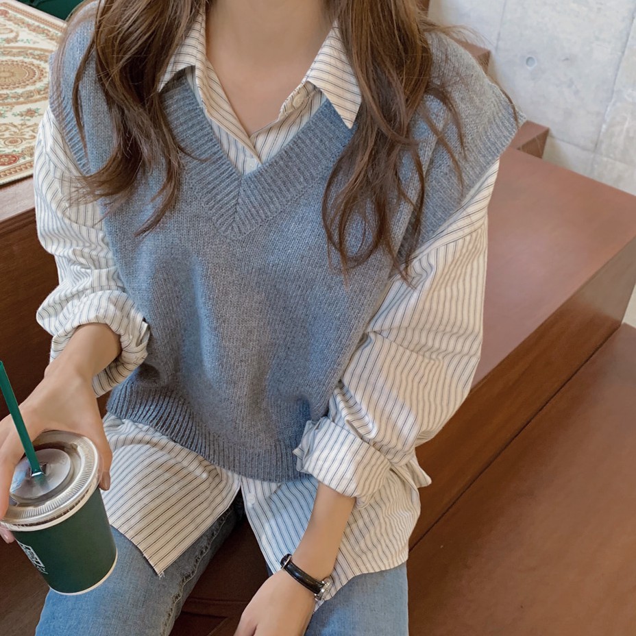 Áo sơ mi dài tay kẻ sọc/ Áo khoác không tay cổ chữ V màu trơn Peppermint 38053 xinh xắn dành cho nữ