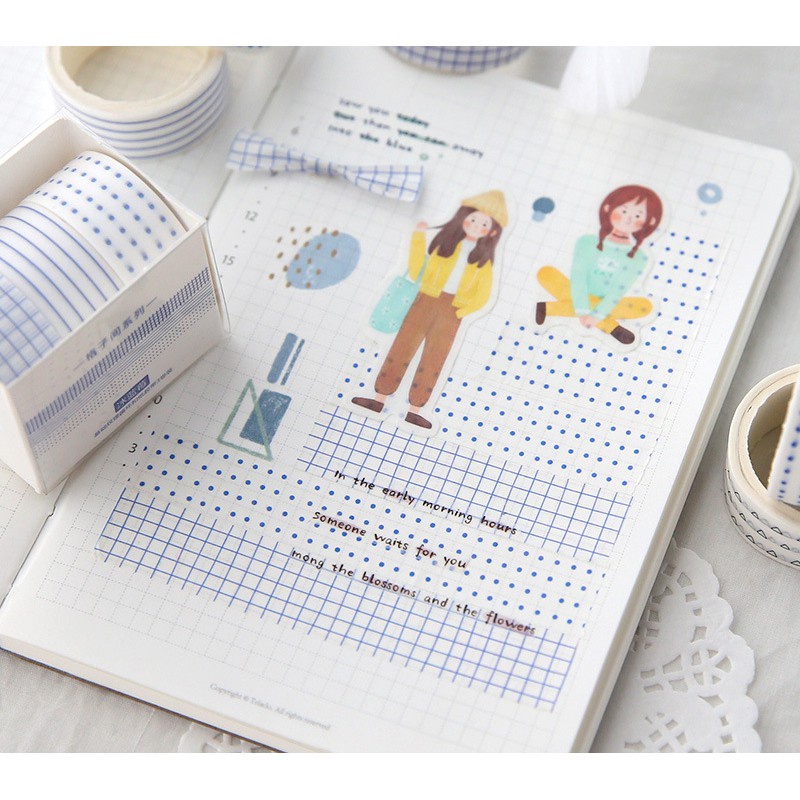 Bộ Washi tape băng dính dài 3m chấm bi/ kẻ Basic trang trí Bullet Journal, điện thoại