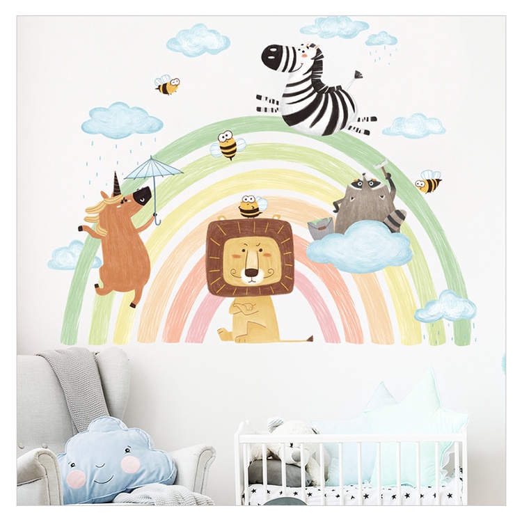 Sticker dán tường họa tiết ngựa vằn/cầu vồng/cầu vồng hoạt hình trang trí phòng ngủ trẻ em