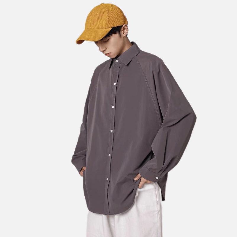 Áo Sơ Mi Trơn Tay Dài Dáng Rộng Thoáng Khí Phong Cách Hip Hop Đường Phố Hàn Quốc Cho Nam