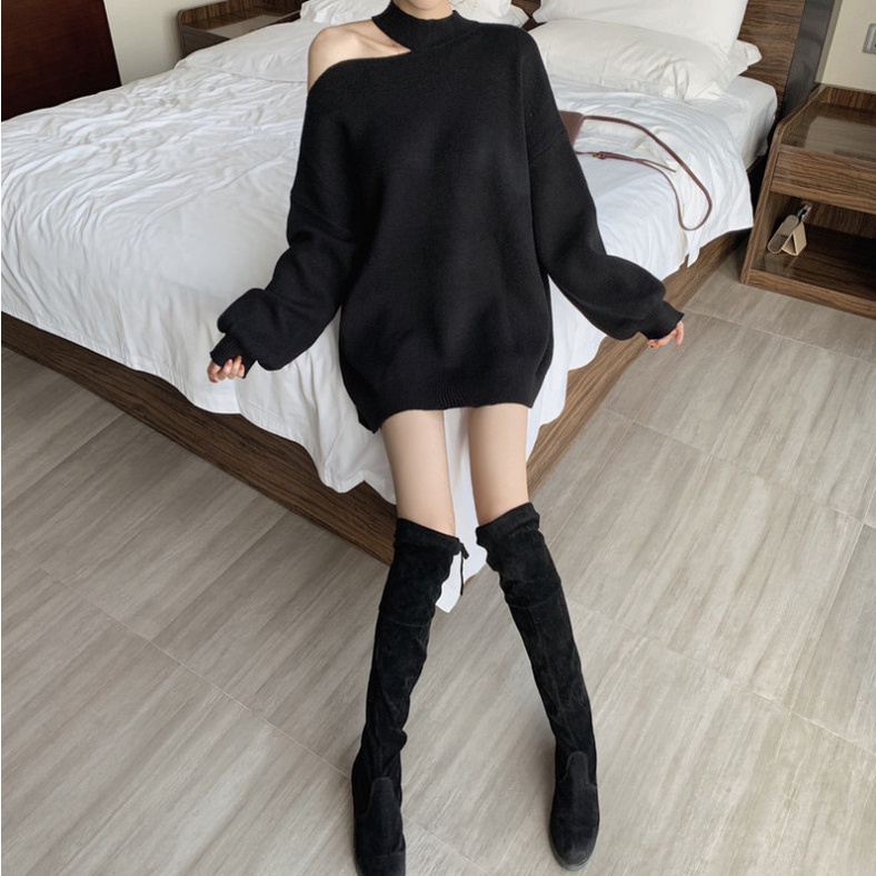 A034 Áo cổ lọ nữ khoét vai dài tay các màu Thun lệch vai form rộng trùm mông freesize Ulzzang
