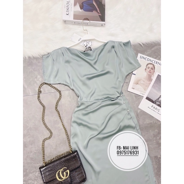 ✨BÁN SỈ✨ĐẦM LỤA XANH LỆCH VAI ĐÍNH NGỌC EO | BigBuy360 - bigbuy360.vn