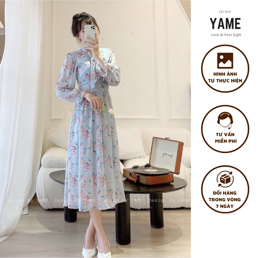 Váy đầm nữ tơ hoa dáng suông dài tay bo chun cổ bèo Flane màu xanh YAME