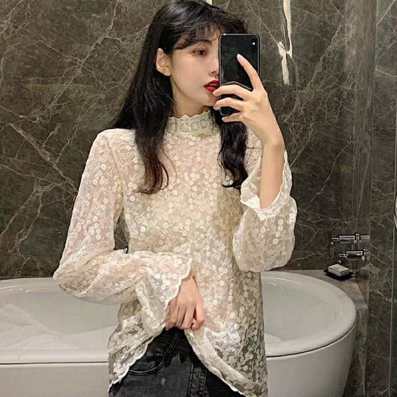 Áo ren xuyên thấu thêu tay loe màu trắng