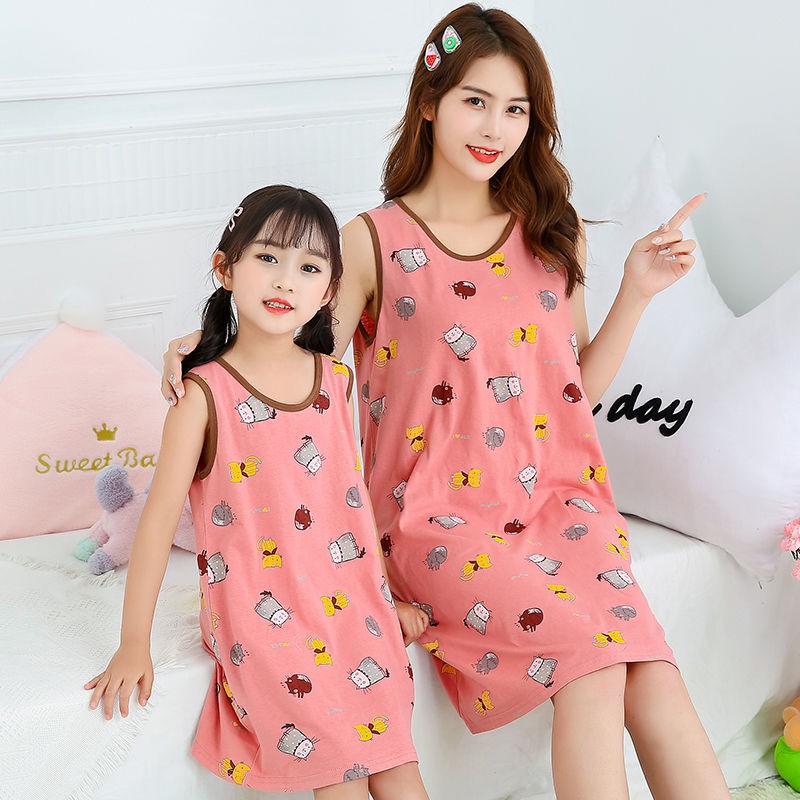 Váy ngủ trẻ em không tay bé gái mùa hè cotton bố mẹ địu công chúa dễ thương Bộ đồ mặc nhà phong cách Hàn Quốc