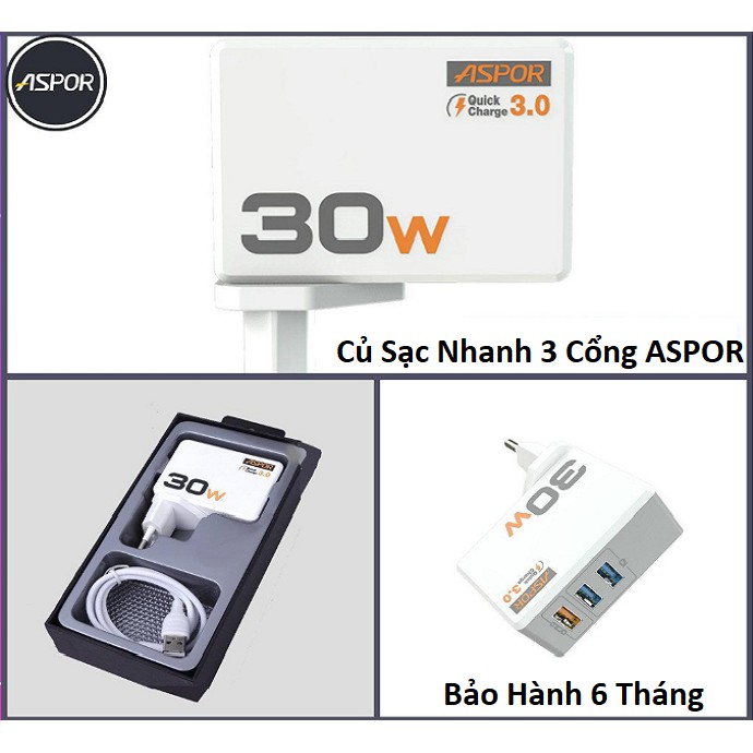 Củ Sạc Nhanh, Phích Cắm Sạc 3 Cổng A858Q ASPOR 30W (sạc siêu nhanh với 3 cổng USB)