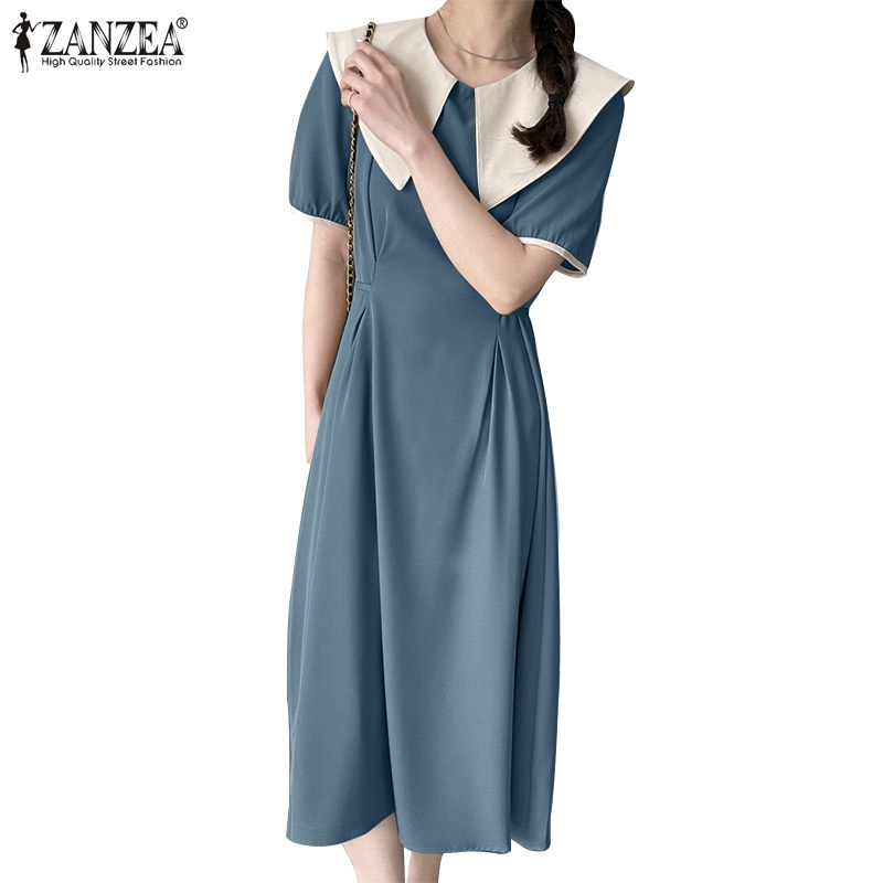 Đầm dài Zanzea tay ngắn có nút cài sau lưng màu tương phản phong cách Hàn Quốc thời trang cho nữ