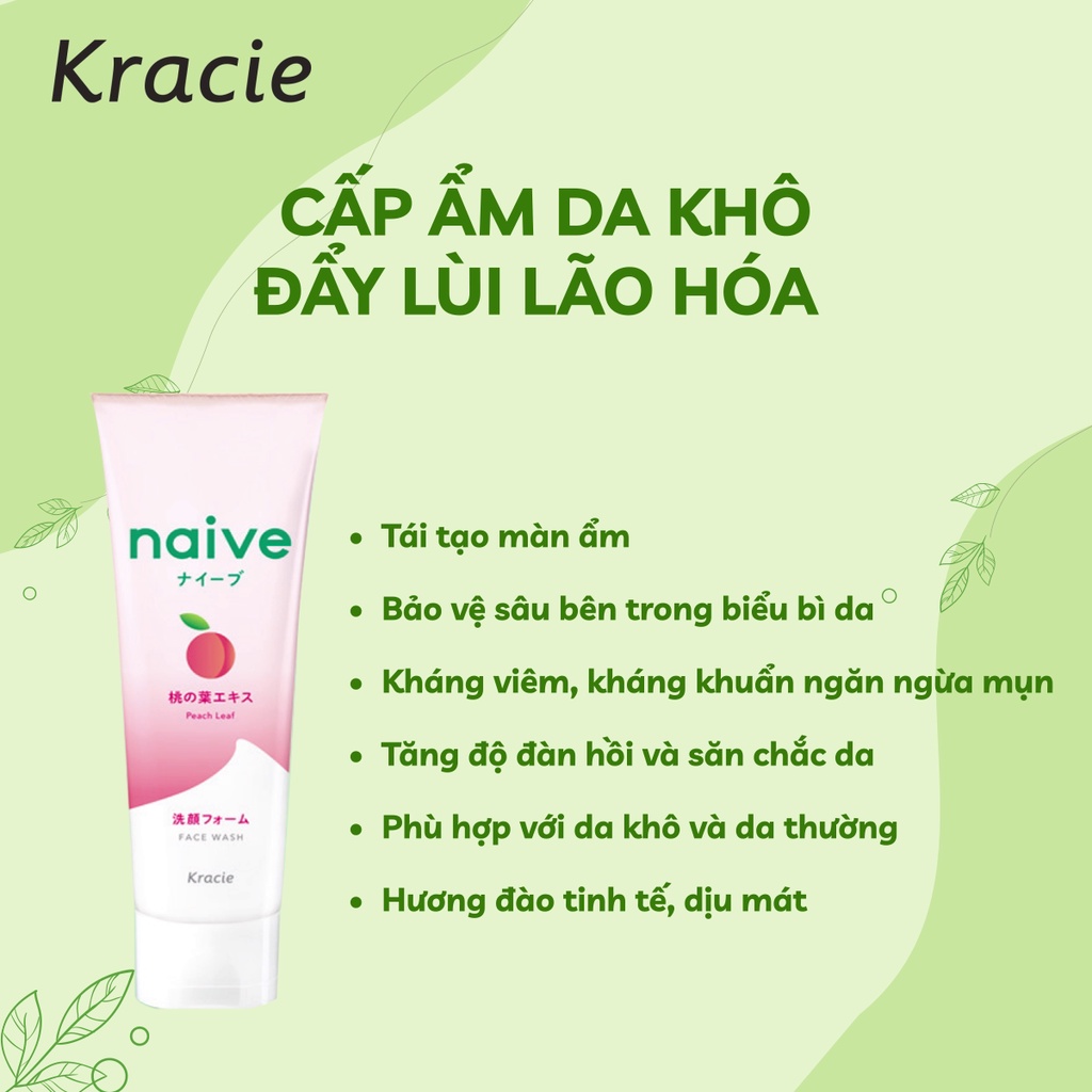 Combo chăm sóc da mặt và body hương lá đào dịu nhẹ : sữa rữa mặt 130gr + sữa tắm 530ml Naive chính hãng [Kracie]