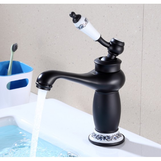 Vòi lavabo nóng lạnh giả cổ chất liệu đồng màu đen