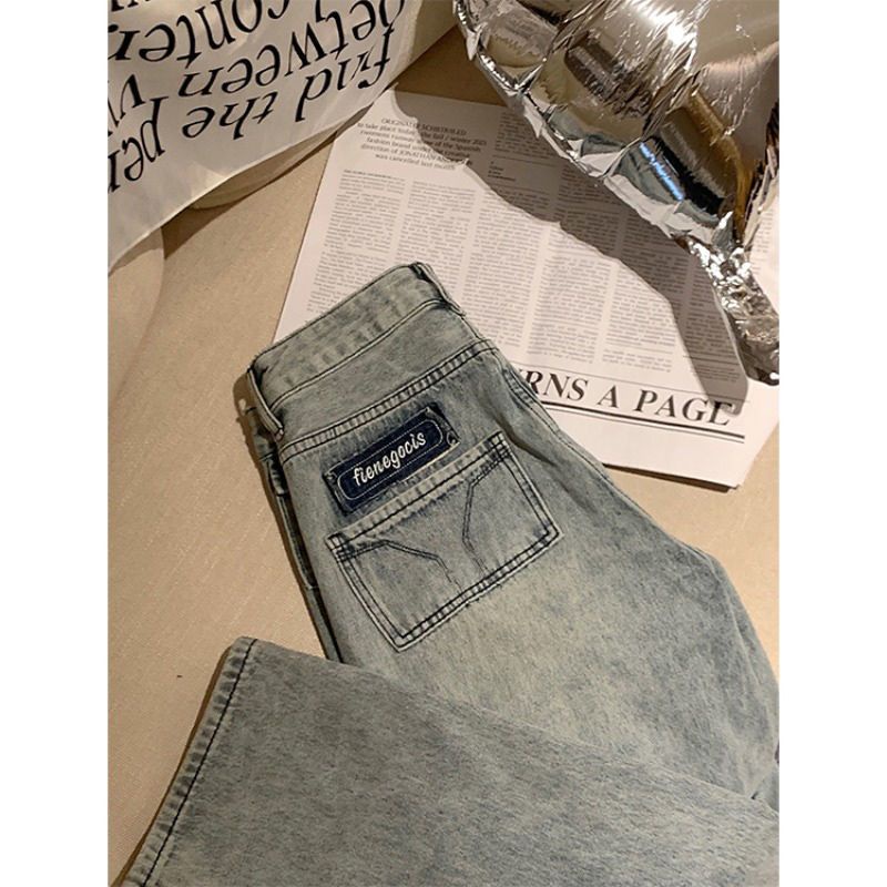 Jiashucheng Quần Jean Nữ Lưng Cao Ống Rộng Phong Cách Retro