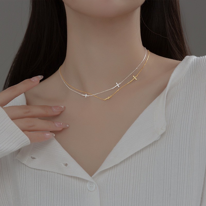 Dây chuyền bạc nữ hình thánh giá mạ vàng 14k, vòng cổ nữ bạc 925 hình chữ thấp đơn giản cá tính DUYSON SILVER [DCKX31]
