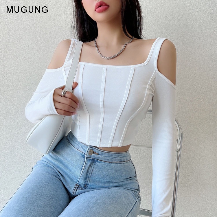 Áo croptop tay dài hở vai Mugung Áo croptop cổ vuông có sọc nẹp A65