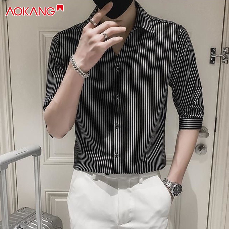 Áo sơ mi AOKANG tay lỡ họa tiết kẻ sọc phong cách Hàn Quốc trẻ trung thời trang dành cho nam