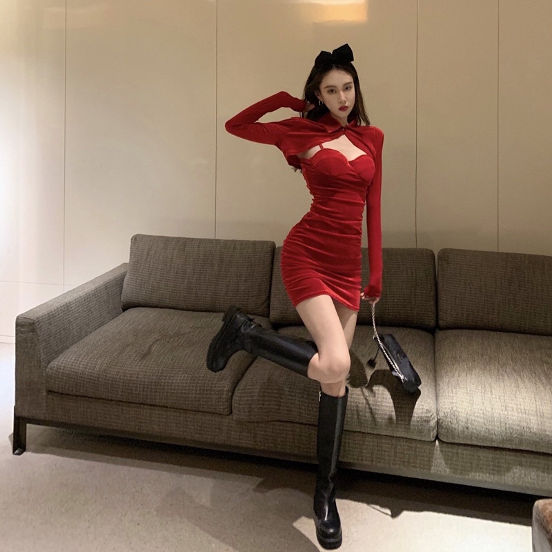 Set đầm body nhung kèm áo croptop tay dài, đầm noel tết S1491