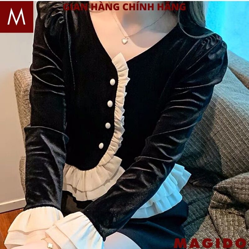Áo khoác cardigan nhung dài tay viền bèo nữ tính Sang Chảnh, vai đệm phối tơ dập ly viền diêm dúa công chúa - MAGIDO