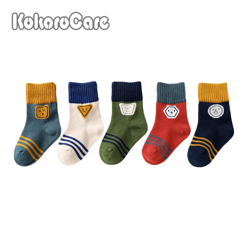Set 5 đôi vớ KOKOROCARE cotton in họa tiết biểu tượng cảm xúc hình học đáng yêu cỡ S/ M/ L cho bé 1-8 tuổi