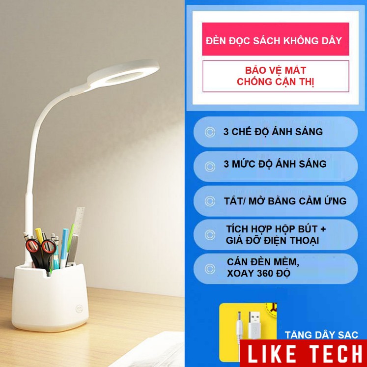 Đèn Bàn Học Đọc Sách LED Chống Cận 03 Chế Độ Ánh Sáng Vàng Bảo Vệ Mắt Có Hộp Bút Và Giá Để Điện Thoại