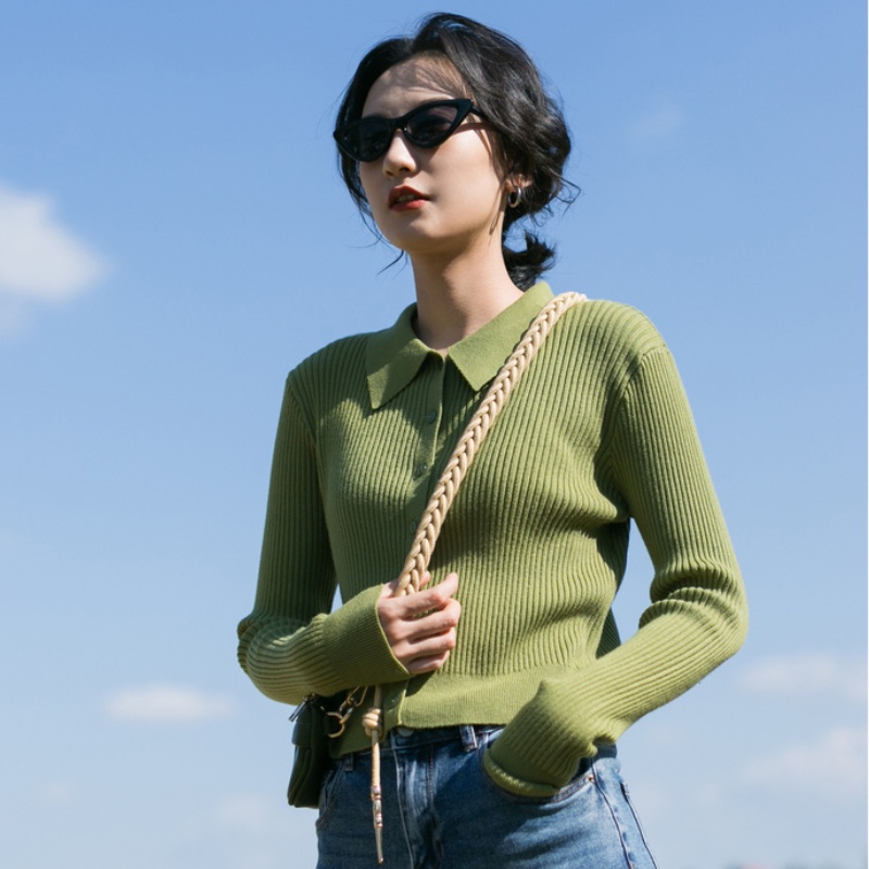Áo sweater dài tay cổ polo thiết kế thời trang theo phong cách Hàn Quốc cho nữ