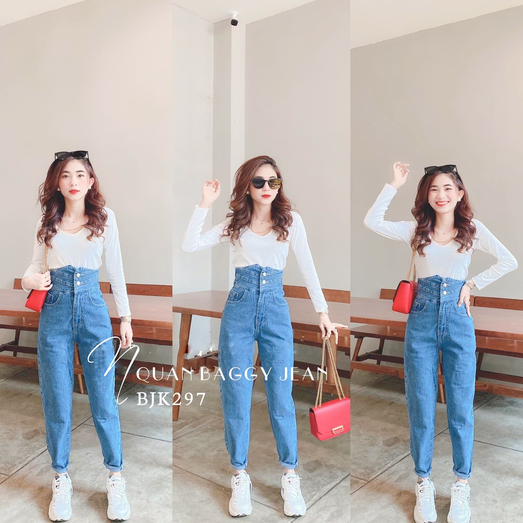 Quần baggy jean nữ ống suông ống rộng lưng phối kiểu dễ thương BJT BJK baggy jean tổng hợp