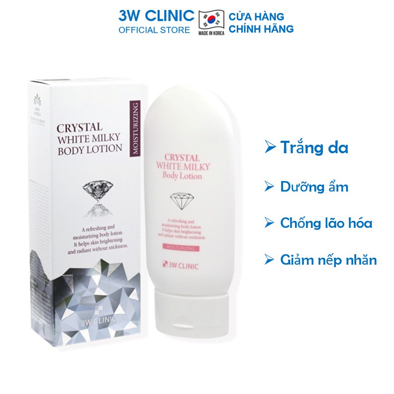 Kem dưỡng thể dưỡng trắng da nâng tone toàn thân Body Crystal White Milk Lotion 3W Clinic Hàn Quốc 150g - CHÍNH HÃNG