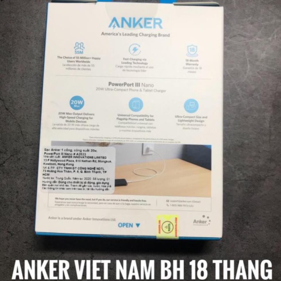 CỦ SẠC NHANH IPHONE 12 Anker 20w A2633 PowerPort III Nano 1 cổng USB-C PiQ 3.0 cho Samsung IPad IPhone  X XS XR 11 12