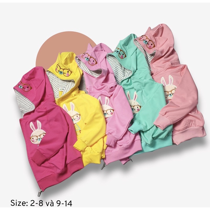 Áo khoác cho bé gái chất thun cotton da cá hình thỏ sz 9kg-40kg