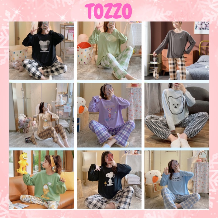 Đồ bộ nữ quần dài bigsize TOZZO chất thun cotton mùa thu đông  in hình cute dễ thương 50-70KG BD01