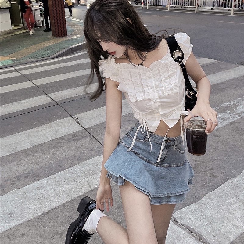 CHÂN VÁY JEAN XOÈ NGẮN ULZZANG