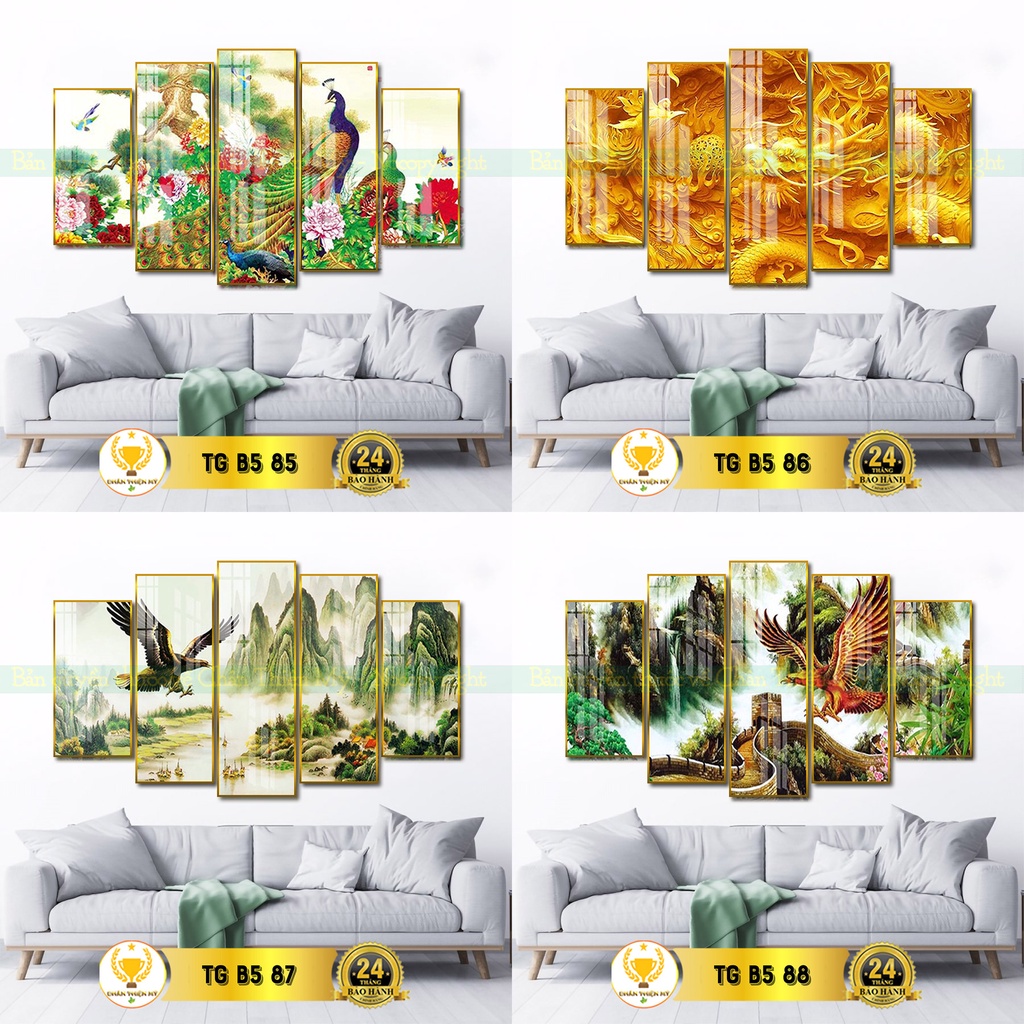 Bộ 5 tranh dọc treo tường tráng gương Chim Công, Thiên Nga, Rồng, Đại Bàng mang đến tài lộc và may mắn