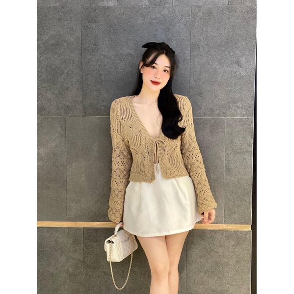 Áo len cardigan len móc nâu buộc dây cổ Zara xuất A129