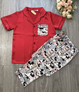 Bộ Lụa Satin Mickey Tay Ngắn Quần Dài