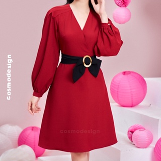 Váy ôm đỏ COSMO DESIGN xếp ly vai đai nơ đen eo (10104)