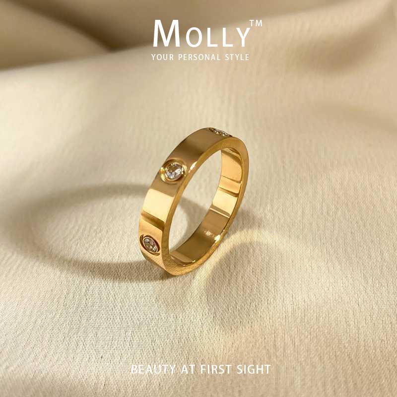 Molly™ Nhẫn Thép Titan Mạ Vàng 18K Đính Kim Cương Không Phai Màu Độc Đáo Phong Cách Hàn Quốc