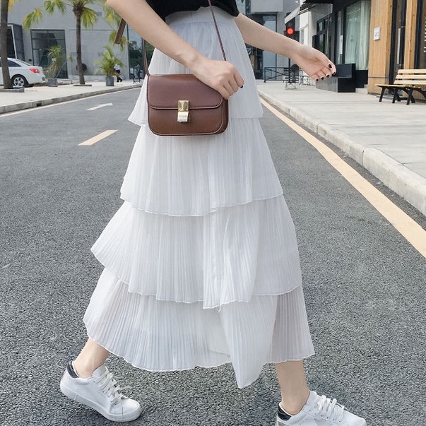 Chân váy voan tầng thời trang nữ 4 tầng nhún cao cấp chất siêu mát, co dãn, mầu đen trắng
