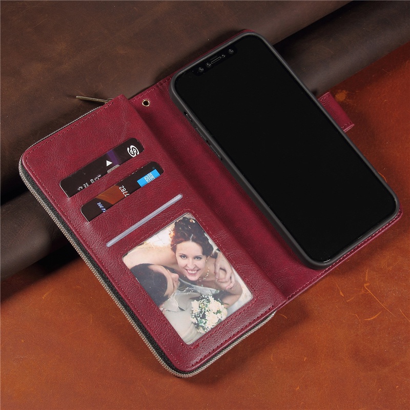 Ốp Điện Thoại Da Kèm Ngăn Đựng Thẻ Có Khóa Kéo Cho Iphone 14 13 12 Mini 11 Pro Max Plus