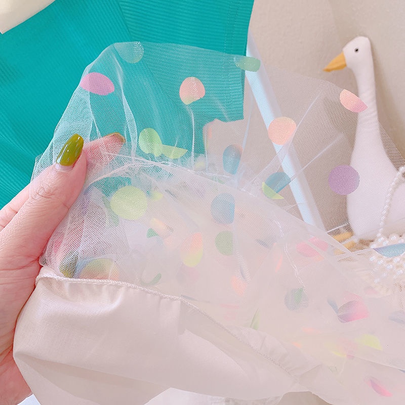 Đầm Công Chúa Giả Hai Lớp Phối Lưới Chấm Bi Thời Trang Mùa Hè Hàn Quốc 2023 Mới Cho Bé