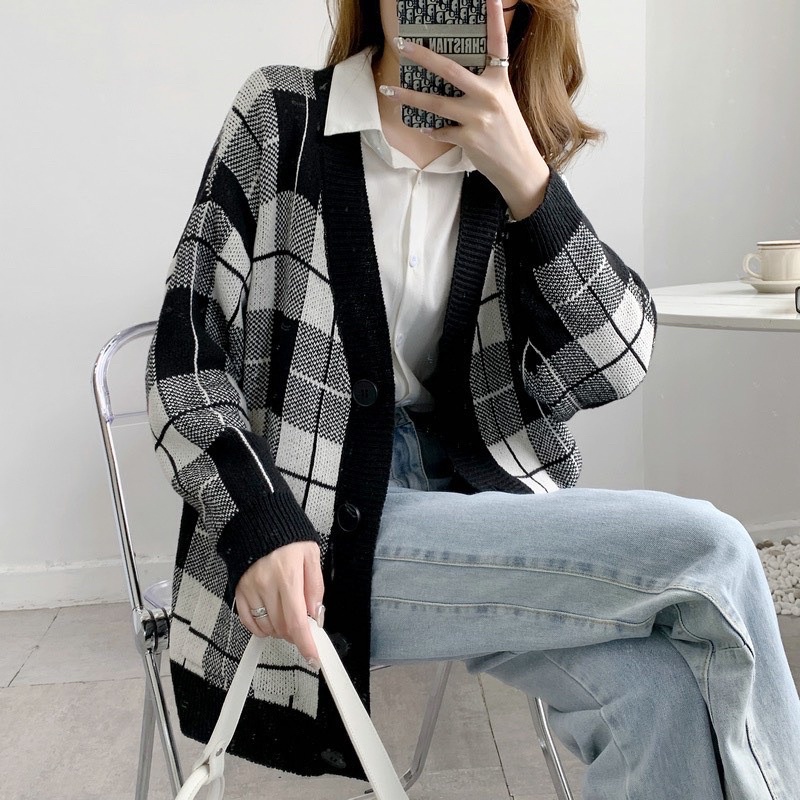 Áo Khoác Len Cardigan Hoạ Tiết Kẻ Ô Hàng Quảng Châu Cao Cấp